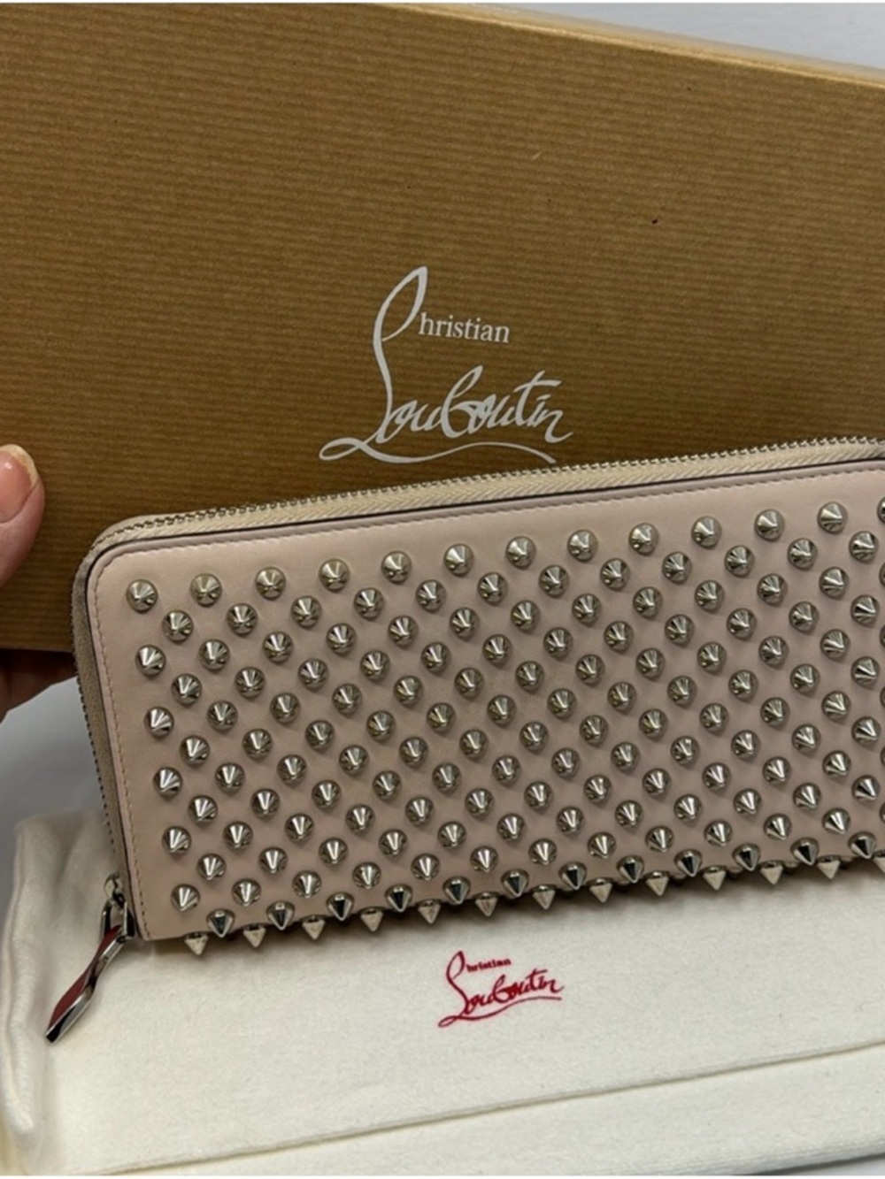 Christian Louboutin Ballet pink Spike Zip-Around Wallet with box and dust bag
